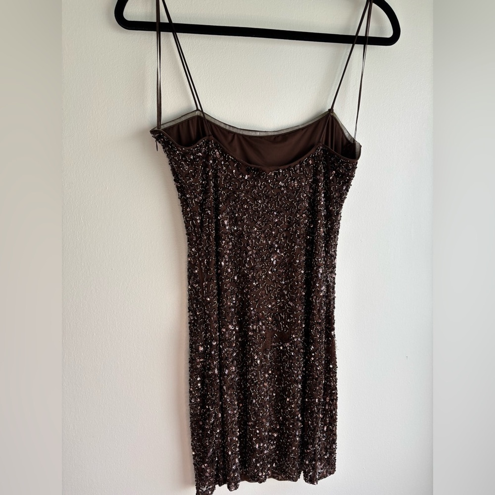 Retrofête Brown Sequin Spaghetti Strap Mini Dress Size L Side Zipper Fully Lined - Picture 2 of 13